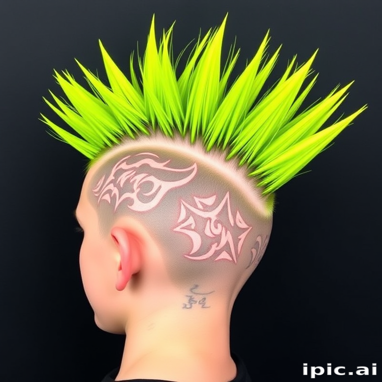 Vibrant lime green mohawk named "Toxic Spikes," features a tall, sculpted center strip with shaved sides adorned with intricate tribal-inspired patterns, creating a bold and edgy punk rock-inspired look