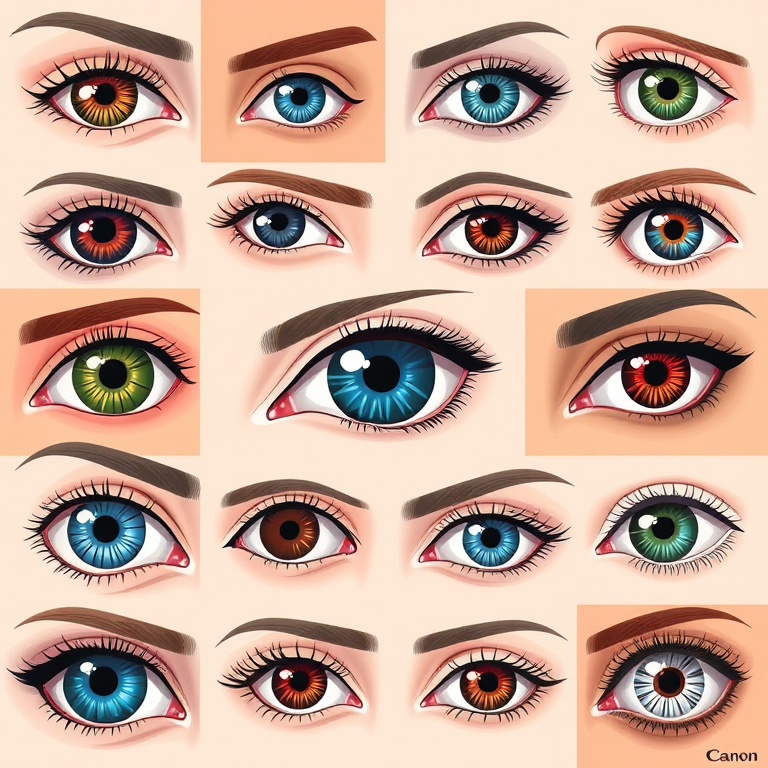 Create a high-resolution illustration of various eye designs in a grid format, showcasing diverse colors and styles, with a focus on realism, using a 50mm lens at f/2.8, ISO 100, natural light, and a Canon DSLR camera.