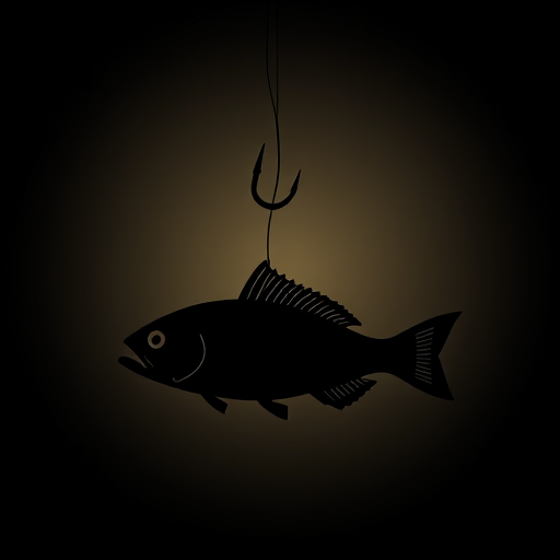 Create a high-resolution vector graphic of a fishing hook hanging over a fish silhouette with a minimalist design, using a Canon EOS 5D Mark IV camera, with an aperture of f/8, ISO 100, and a 50mm lens for enhanced clarity and detail.