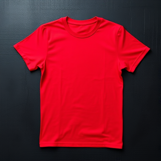Red t-shirt laid flat on a black textured surface, natural light, f/4, ISO 100, 1/125s, shot with a DSLR camera from a top-down view, using a shallow depth of field for enhanced focus on the shirt's fabric texture.