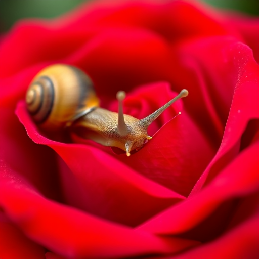Close-up of a snail on a vibrant red rose, shallow depth of field, f/2.8 aperture, 100mm macro lens, natural light, soft focus background, DSLR camera.