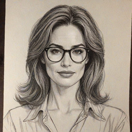 Superb Kim Delaney, pencil sketch, portrait of Bewitching woman 1980s in glasses, hair style beatnik, outline, clear lines, fine lines, 8k