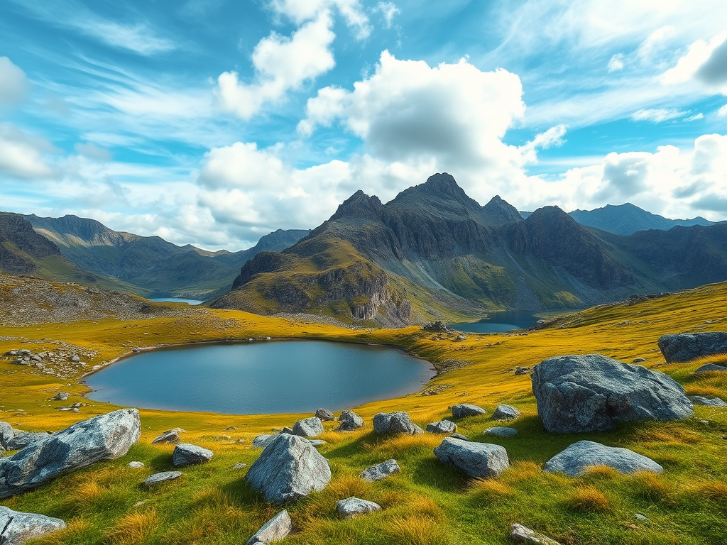 landscape of a mountain range with a serene lake surrounded by rocks and vibrant green grass under a partly cloudy sky, shot with a DSLR camera at f/8 aperture, ISO 200, 24mm lens, in HDR style, landscape view with a wide-angle perspective.