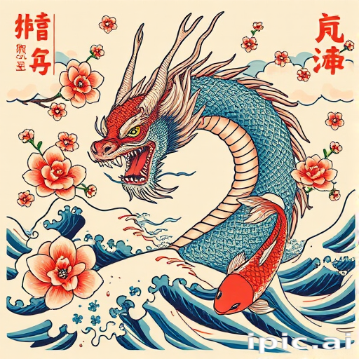 Japanese irezumi tattoo design known as "Mythical Waves" featuring a fierce dragon emerging from turbulent water with cherry blossoms koi fish and traditional clouds in vibrant colors adhering to traditional Japanese artistic principles