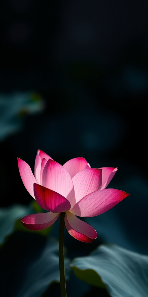 capture a blooming pink lotus flower in low light with a shallow depth of field, use a Canon EOS R5 with a 50mm f/1.2 lens at ISO 100, aperture f/1.2, shutter speed 1/200s, and take the shot from a slightly low angle to emphasize the flower's elegance