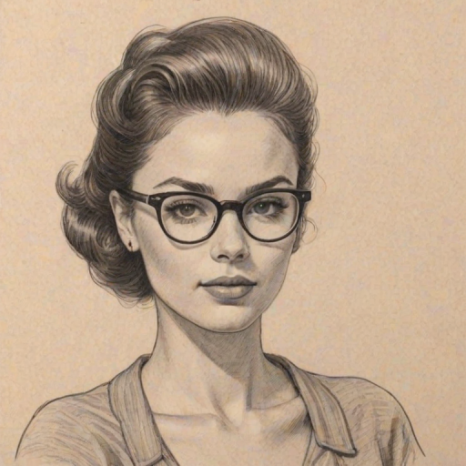 Captivating Sophia Wylie, pencil sketch, portrait of Charming woman 1955s in glasses, hair style beatnik, outline, clear lines, fine lines, 8k