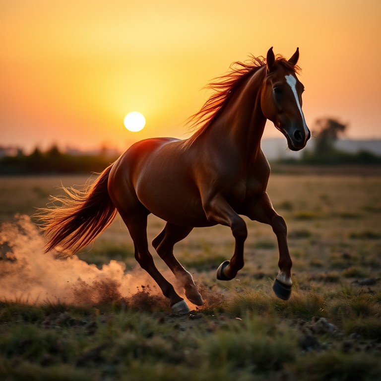 Blurry action shot of a horse galloping through a field at sunset, dust kicking up behind its hooves, with the soft orange glow of the evening sky lighting up the scene.
