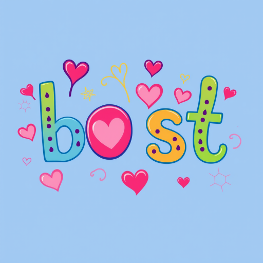 Create a colorful and playful illustration of the word "best" in a bold, fun font with hearts and swirls, using a Canon EOS R5 camera with a 50mm lens, f/1.8 aperture, 1/60 shutter speed, and vibrant color settings.