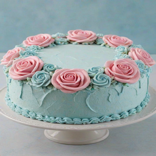 Create an image of a round cake with a light blue frosting. The cake should be decorated with small pink rose decorations made of frosting, scattered across the top and sides. At the base, include a decorative border of blue frosting. The background should have a playful, pastel color, like light pink, and the cake should be placed on a white plate.