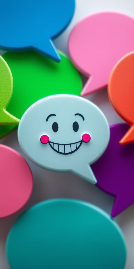 colorful speech bubbles in various shades of blue, pink, green, and purple with a smiling character in the center, soft-focus background, macro lens, f/2.8 aperture, ISO 200, 50mm lens, natural light, high saturation