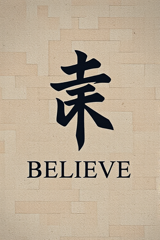 Create an image featuring a bold calligraphic symbol on a textured stone background with the word "BELIEVE" in a clean, modern font below it, captured with a DSLR camera at f/2.8, ISO 100, 50mm lens, natural lighting, capturing intricate textures and sharp contrasts for enhanced image quality.