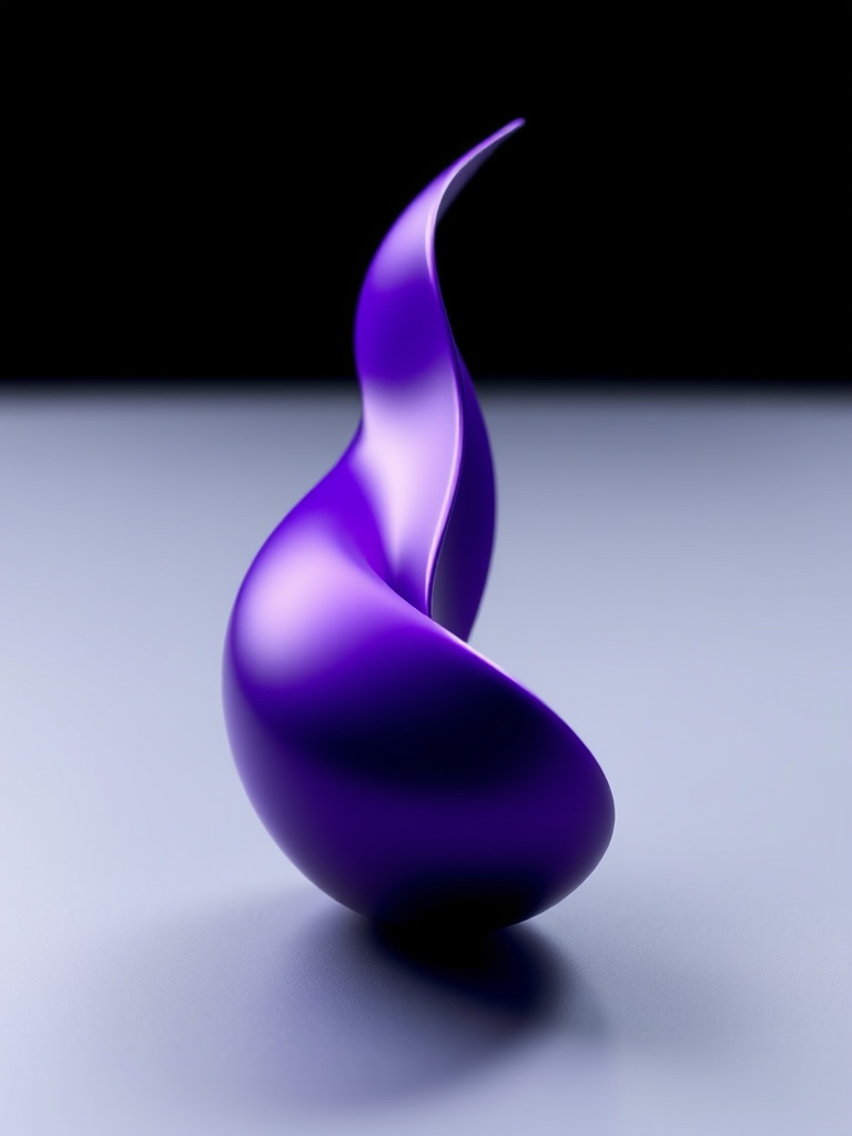 Create a sleek, modern abstract design featuring a smooth, curved shape with a glossy finish in vibrant purple shades, captured with a DSLR camera at f/2.8, ISO 100, 50mm lens, in a soft-focus background to enhance the subject's prominence and clarity.