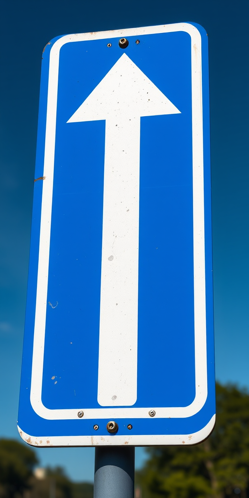 Create a high-resolution image of a road sign with a blue background and a large white upward arrow, captured with a Canon EOS R5 using a 50mm f/1.2 lens, aperture set to f/8, ISO 100, in bright daylight for optimal clarity and detail.