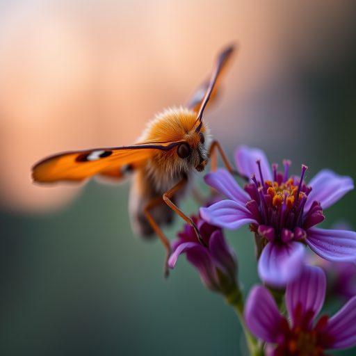 Close-up shot of a vibrant orange and purple moth perched on a flower at twilight, macro lens, f/2.8 aperture, 100mm focal length, ISO 200, natural soft lighting, shallow depth of field, high-resolution DSLR camera, focus on moth with blurred background to enhance details.