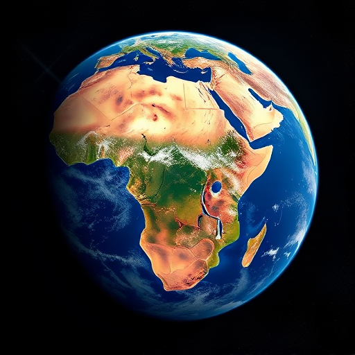 Generate a high-resolution image of Earth from space, featuring a detailed view of Africa, using a Canon EOS 5D Mark IV camera with a 24mm f/1.4 lens, ISO 100, aperture f/8, and a shutter speed of 1/125 seconds, capturing a vibrant and realistic color palette with a slight lens flare effect for added depth.