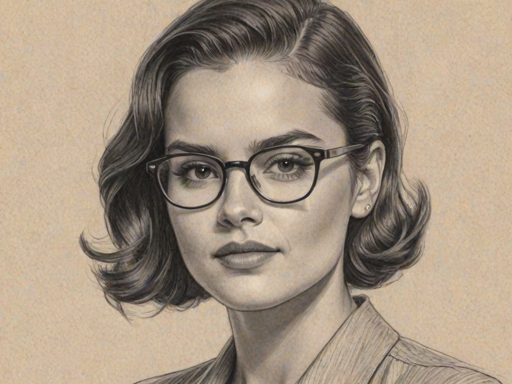 Sublime Brianna Hildebrand, pencil sketch, portrait of Superb woman 1941s in glasses, hair style beatnik, outline, clear lines, fine lines, 8k