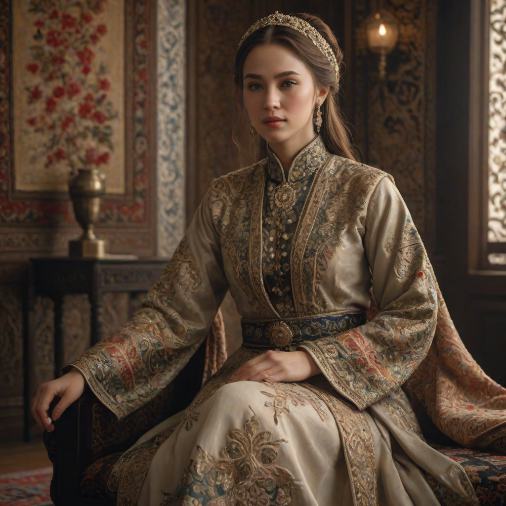 A beautiful Circassian woman in traditional East Asian attire, intricately detailed with embroidered patterns, sitting gracefully in a richly decorated room, soft ambient lighting, serene and elegant, ultra-realistic, 8K resolution