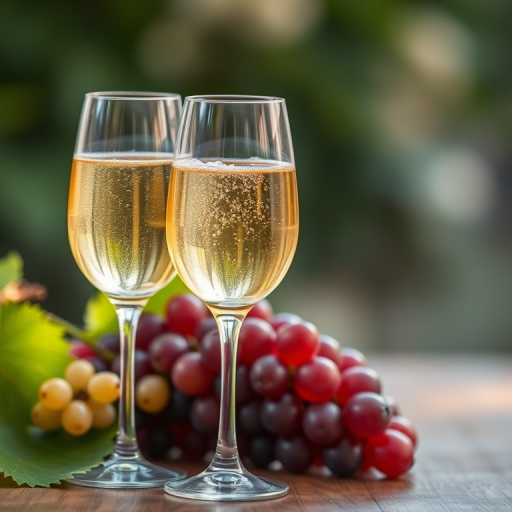 Create an illustration of two elegant wine glasses filled with sparkling wine, placed beside a bunch of grapes, captured in a soft focus style using a DSLR camera with a 50mm lens, f/1.8 aperture, ISO 200, natural lighting, and a shallow depth of field for enhanced image quality.