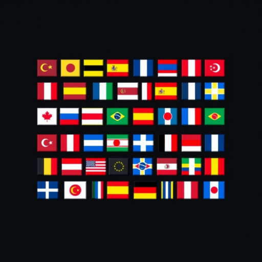 Create an image of a collection of square flags from different countries arranged in a grid pattern with a black background, using a DSLR camera with a 50mm lens, aperture set to f/2.8, ISO 100, and a shallow depth of field to enhance color vibrancy and detail.