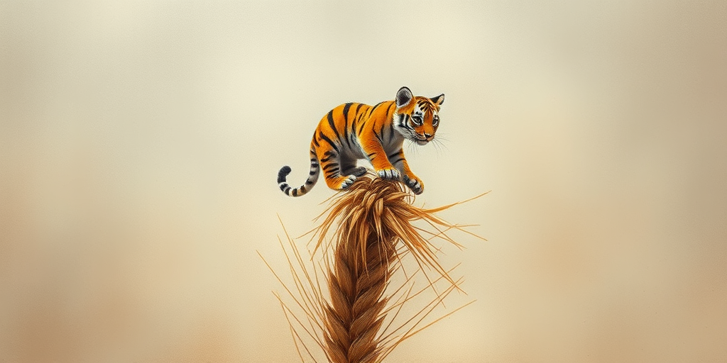 Soft, muted Alcohol Ink with ebru effect background image of tiny whimsical tiger, who climbed high on the top of a golden rye ear.