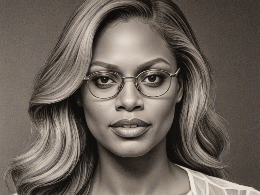 Lovely Laverne Cox, pencil sketch, portrait of Enchanting woman 1933s in glasses, hair style beatnik, outline, clear lines, fine lines, 8k