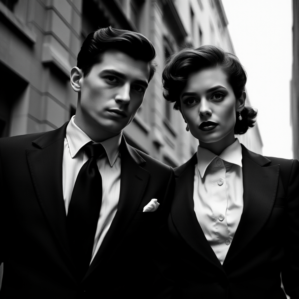 Black-and-white photograph, couple, tailored suits, retro hairstyles, film noir style, Tilt the camera for a dynamic Dutch angle using a versatile 24-70mm lens