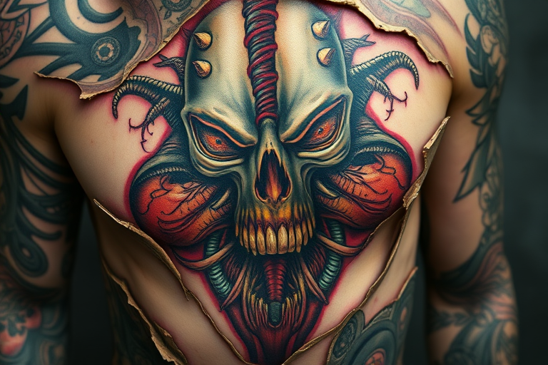 Biomechanical horror tattoo revealing grotesque alien anatomy beneath torn skin, incorporating hyperrealistic textures and vibrant colors for a truly unsettling