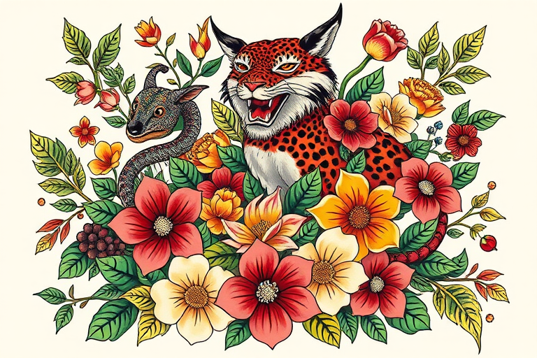 Neotraditional tattoo design known as "Floral Menagerie" combining bold outlines vibrant colors and stylized animals intertwined with lush flowers leaves and vines in a cohesive and eye-catching arrangement