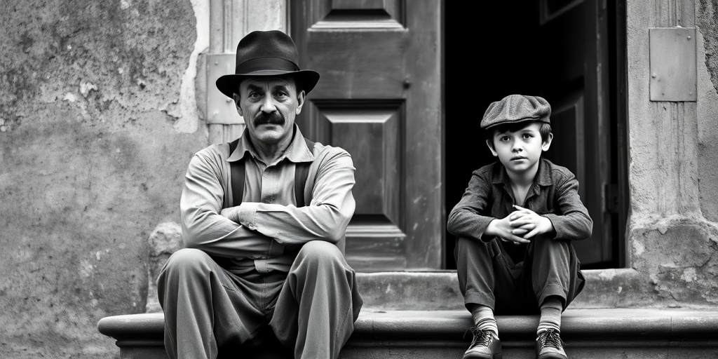 A black-and-white photograph of a man and a child sitting on steps in front of a doorway. The man is dressed as a tramp with a bowler hat, mustache, and ragged clothes, reminiscent of Charlie Chaplin's iconic look. He is sitting with his arms crossed and an expression of slight sadness or frustration. Next to him is a young boy, also in worn clothes and a cap, sitting with his hands clasped, looking thoughtful. The background is an old, textured wall and a partially open door, creating a vintage, early 20th-century atmosphere.