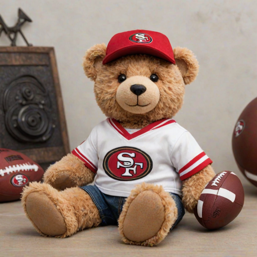 A cute and fluffy teddy bear dressed in a San Francisco 49ers-themed outfit, wearing a red cap with the 49ers logo, aviator sunglasses, and a white football jersey with red accents. The bear is also wearing casual jeans and red and white sneakers, while sitting in a relaxed pose with a football beside it. The teddy bear has a cool, laid-back attitude, with a sporty vibe. The background is clean and minimal, highlighting the bear as the main focus.