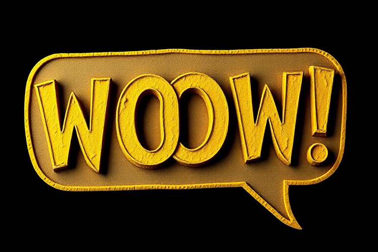 Create a vibrant, textured speech bubble with the word WOW in large, bold yellow letters, set against a black background, using a DSLR camera with a 50mm lens, aperture f/1.8, ISO 100, and a shallow depth of field for a crisp focus on the text while slightly blurring the background.