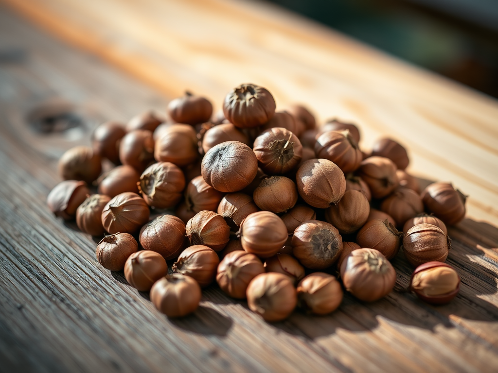 photograph of a pile of hazelnuts on a rustic wooden surface with soft natural lighting, macro lens, aperture f/2.8, shutter speed 1/125s, ISO 200, shallow depth of field, classic still life composition, DSLR camera
