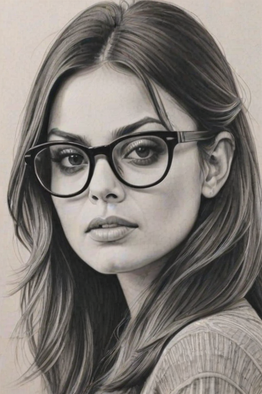Stunning Mila Kunis, pencil sketch, portrait of Bewitching woman 1967s in glasses, hair style beatnik, outline, clear lines, fine lines, 8k