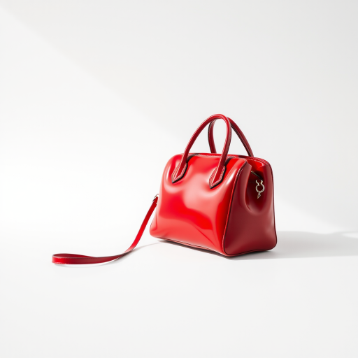 a glossy red handbag on a white background, soft lighting, shallow depth of field, macro lens, DSLR camera settings: f/2.8, ISO 100, shutter speed 1/200s, high-resolution image