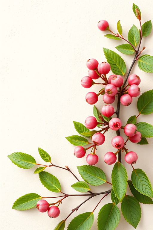 Create a high-resolution floral border design featuring delicate pink berries and green leaves on a textured, light beige background, captured with a DSLR camera at f/2.8, ISO 100, with a wide-angle lens, in natural soft lighting for enhanced image quality.