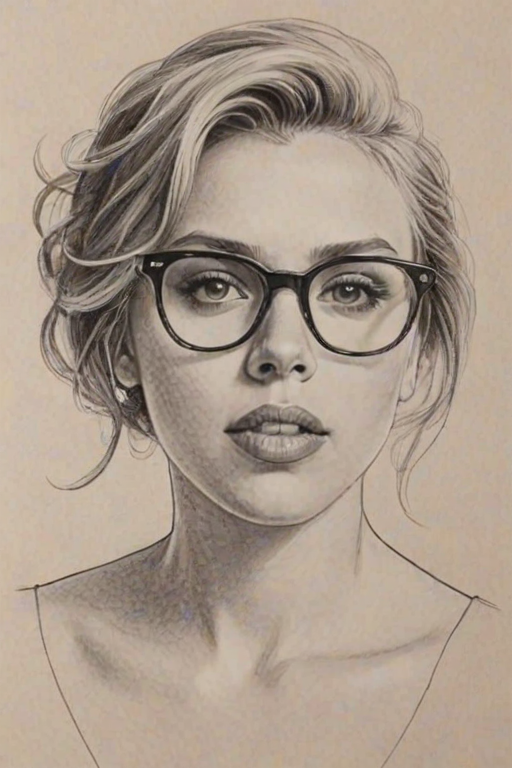 Fetching Scarlett Johansson, pencil sketch, portrait of Comely woman 1947s in glasses, hair style beatnik, outline, clear lines, fine lines, 8k