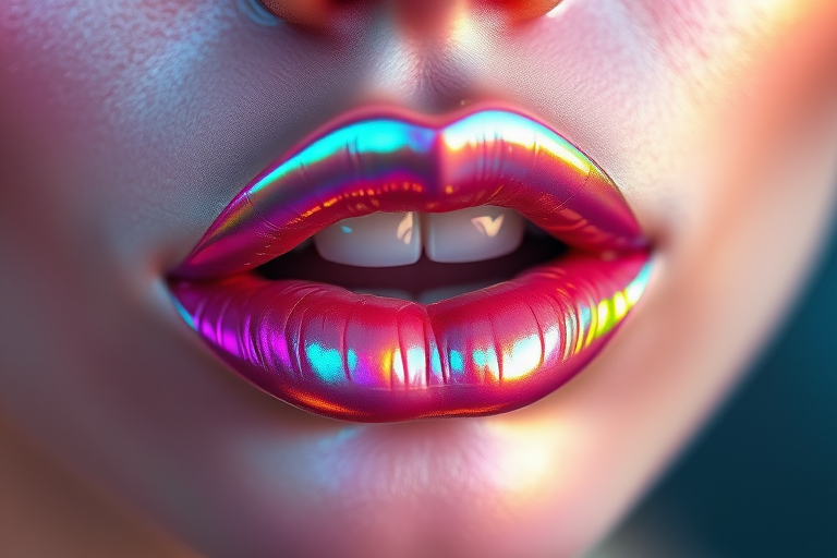 Ethereal holographic lips reflecting iridescent hues, shifting colors as light moves across them, creating a magical and otherworldly effect