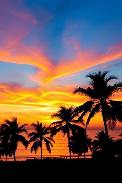 Create a vibrant sunset over a calm ocean with silhouetted palm trees in the foreground using a DSLR camera set to aperture f/11, ISO 100, shutter speed 1/125s, taken from a low angle wide shot to capture the expansive sky and reflections on the water.