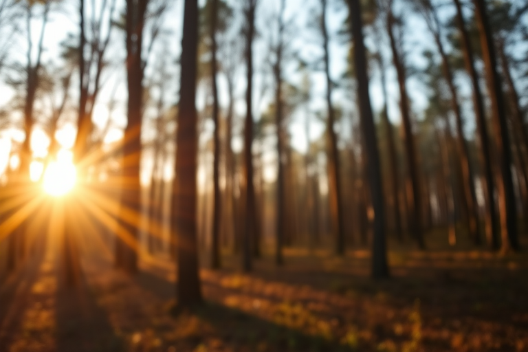 Generate an image of a tranquil forest scene during golden hour with soft sunlight filtering through the trees using a Canon EOS 5D Mark IV, 50mm lens at f/1.8, ISO 100, 1/125 sec, capturing a shallow depth of field for crisp foreground details and a blurred background.