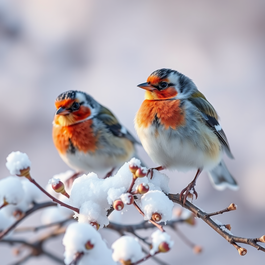 A close-up shot of two chaffinches perched on snow-covered branches with soft-focus background, capturing details of feathers and buds, using a DSLR camera with a 50mm lens, aperture set to f/2.8, ISO 200, shutter speed 1/200s, natural lighting for enhanced clarity and depth of field.