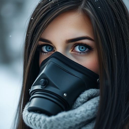 female wearing a gas mask with long black hair in snowy environment, captivating blue eyes, soft focus, 85mm lens, f/1.8 aperture, ISO 100, shallow depth of field, natural lighting, portrait photography, full frame camera