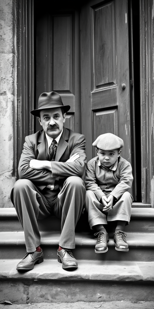 A black-and-white photograph of a man and a child sitting on steps in front of a doorway. The man is dressed as a tramp with a bowler hat, mustache, and ragged clothes, reminiscent of Charlie Chaplin's iconic look. He is sitting with his arms crossed and an expression of slight sadness or frustration. Next to him is a young boy, also in worn clothes and a cap, sitting with his hands clasped, looking thoughtful. The background is an old, textured wall and a partially open door, creating a vintage, early 20th-century atmosphere.