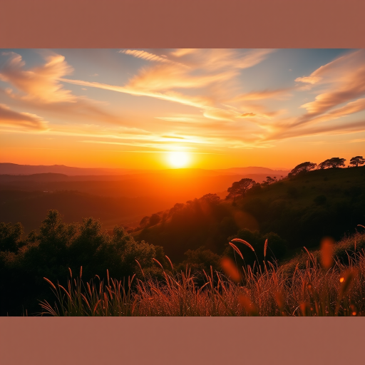 Generate a high-resolution image of a serene landscape during golden hour, with vibrant colors and soft lighting, shot with a Canon EOS R5, 85mm lens, f/1.8 aperture, ISO 100, and a focal length of 85mm for a shallow depth of field.