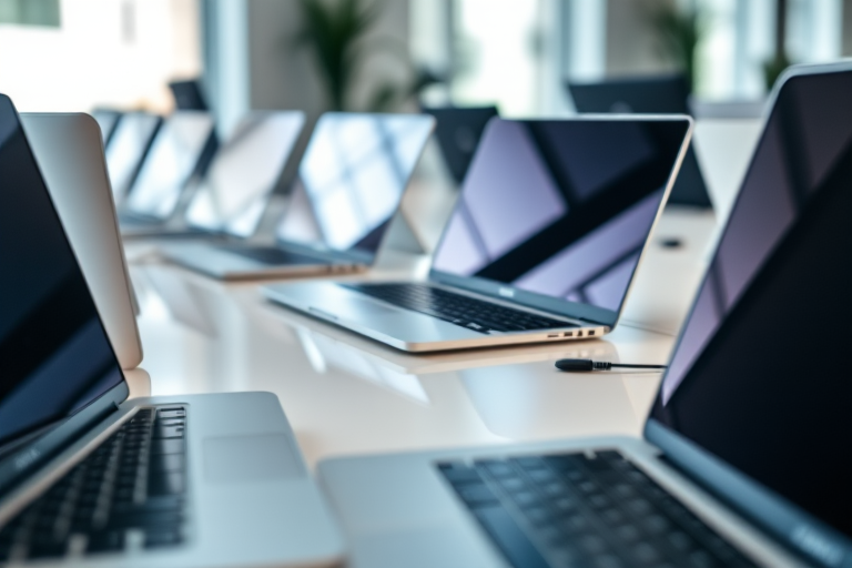 Close-up of multiple laptops with sleek designs on a clean workspace, shot with a Canon EOS R5 at f/2.8, 1/60s, ISO 200, 24mm lens, wide-angle view, soft lighting to enhance details and reflections.