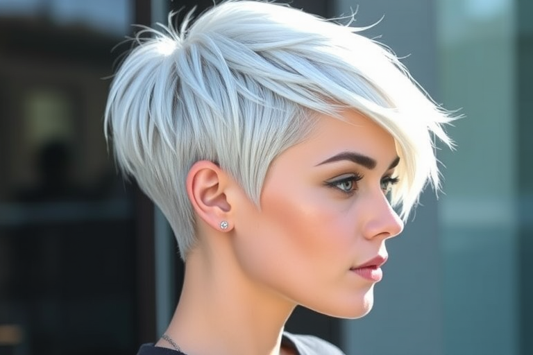 Striking platinum pixie cut with asymmetrical layers, dubbed "Arctic Frost," boasts a sleek and edgy appearance with icy blue undertones that catch the light