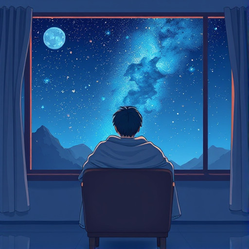 Create a digital illustration of a person sitting in a chair, viewed from behind, wrapped in a blanket, gazing out a window with a vibrant night sky filled with stars and clouds, use a soft color palette, in high resolution, with a focal length of 50mm, aperture f/2.8, ISO 100, and a slight vignette effect for depth.