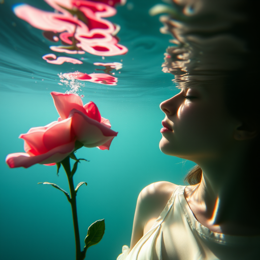 A woman underwater, gazing at a rose Her face is reflected in the water's surface The scene is illuminated by sunlight filtering through the water The atmosphere is serene and contemplative