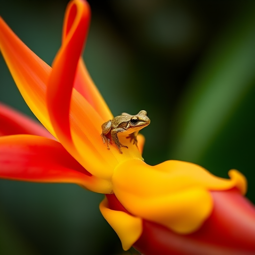 Macro shot of a vibrant red and yellow heliconia flower with a small frog perched on it, soft bokeh background, aperture f/2.8, ISO 100, shutter speed 1/200s, natural light, DSLR camera, 50mm lens.