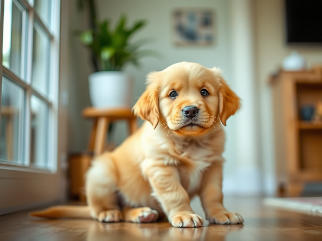 Golden retriever puppy sitting indoors with a soft focus background, 50mm lens, f/1.8 aperture, ISO 200, natural lighting, shot at eye level with a DSLR camera.