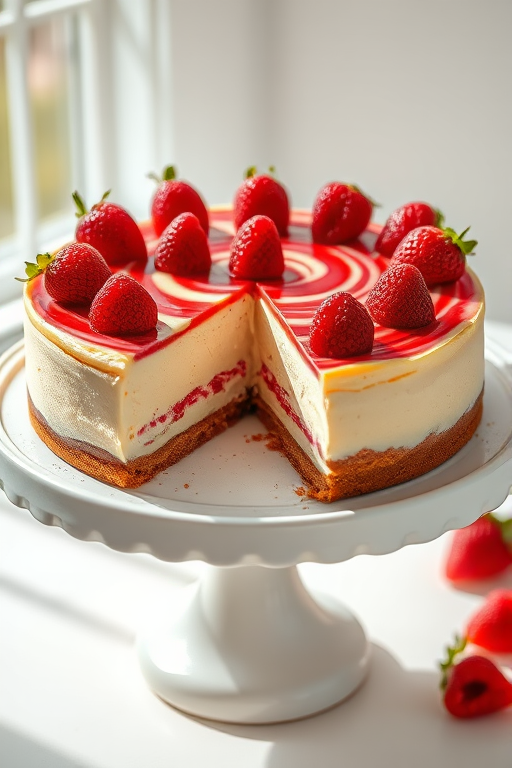 Create an image of a creamy cheesecake with a vibrant raspberry swirl on top garnished with fresh strawberries on a white cake stand with a slice removed revealing the layers inside. The setting should be bright and inviting, emphasizing the rich textures and colors of the cheesecake.